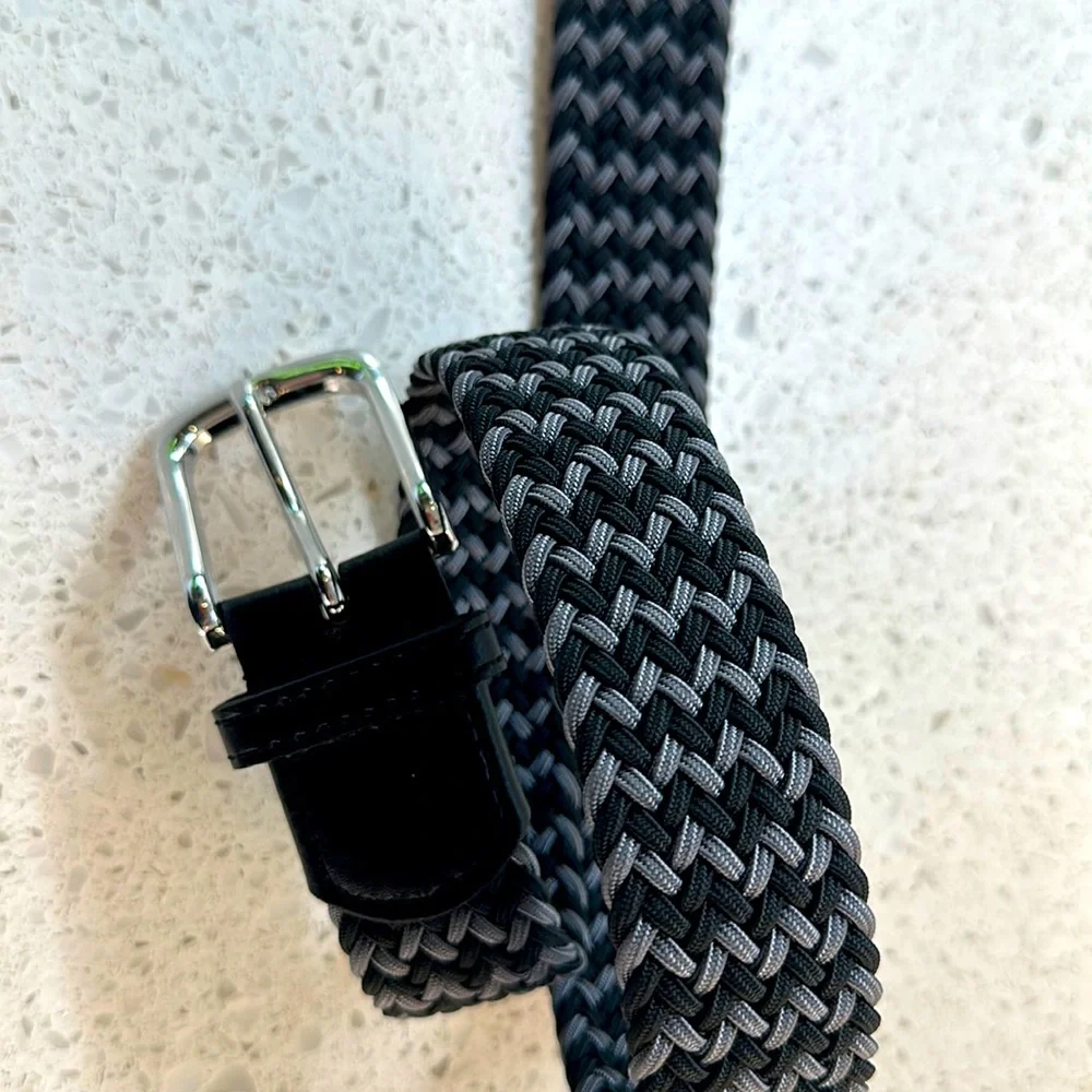 Brand new woven stretch belt, gray and black melange, chrome buckle,